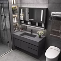 Modern Bathroom Vanity With Gray Countertop LED Mirror Cabinet And Fresh Flowers