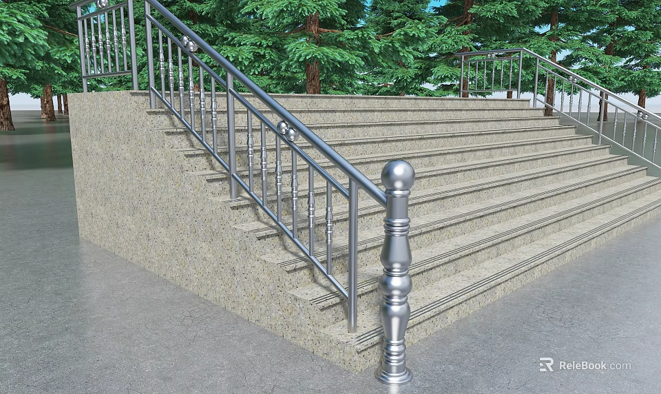 Outdoor Staircase With Stainless Steel Handrail And Granite Steps Near Green Trees 3d model 