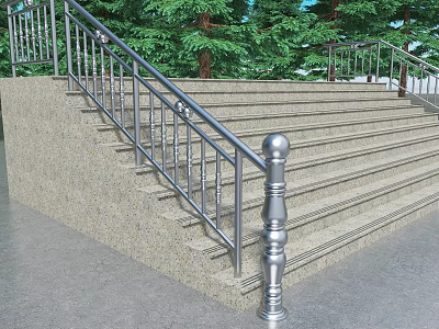 Outdoor Staircase With Stainless Steel Handrail And Granite Steps Near Green Trees 3d model