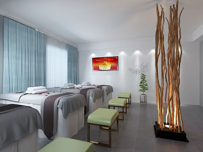 Beauty Salon Spa Interior With Massage Beds Green Stools Blue Curtains And Decorative Elements 3d model
