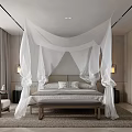 Serene Modern Bedroom Interior Design With White Canopy Bed Gray Headboard And Accent Chair
