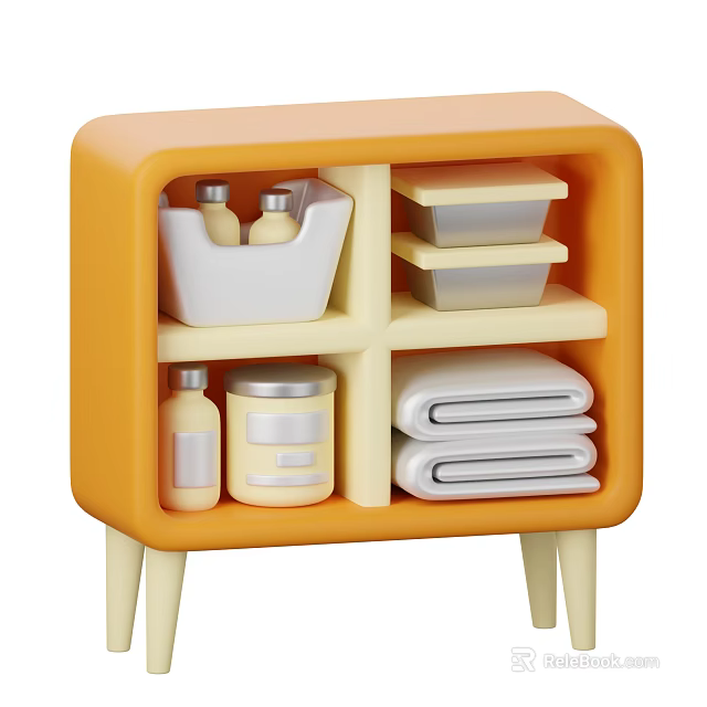 Orange Modern Entryway Side Cabinet With Storage Compartments Bottles And Folded Towels 3d model 