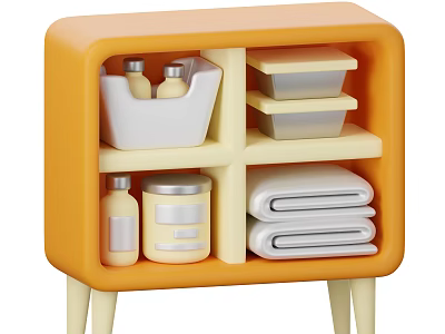 Orange Modern Entryway Side Cabinet With Storage Compartments Bottles And Folded Towels 3d model