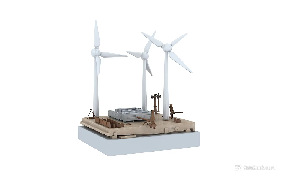 Wind Energy Equipment Model With Three Turbines Support Structures And Control Panels 3d model 