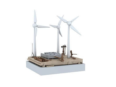 Wind Energy Equipment Model With Three Turbines Support Structures And Control Panels 3d model