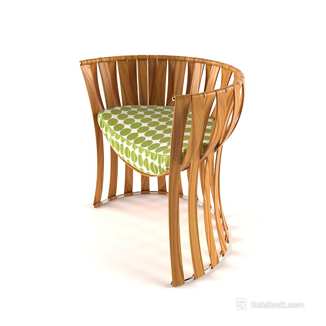 Stylish Wooden Single Chair With Curved Slats Frame Green Checkered Cushion Seating Modern Home Decor 3d model 