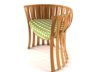 Stylish Wooden Single Chair With Curved Slats Frame Green Checkered Cushion Seating Modern Home Decor 3d model