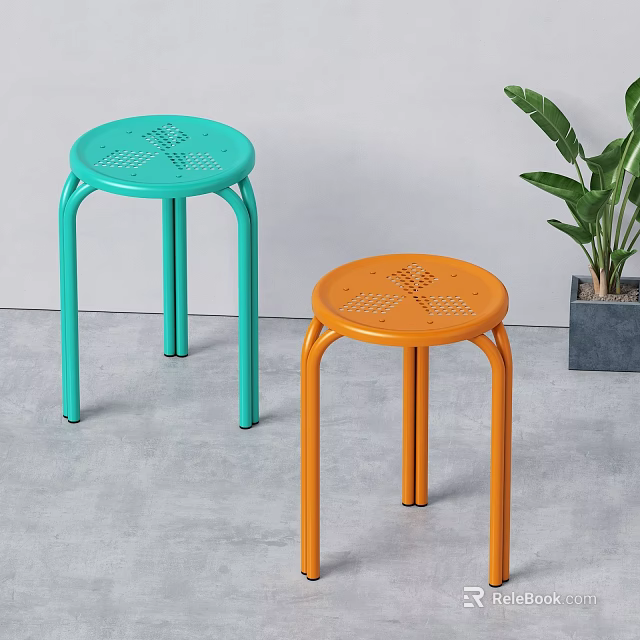 Colorful Blue And Orange Metal Stools With Perforated Tops In Modern Room 3d model 