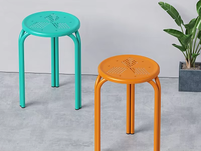 Colorful Blue And Orange Metal Stools With Perforated Tops In Modern Room 3d model