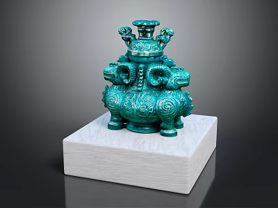 Traditional Green Bronze Ritual Vessel With Animal Heads On White Marble Base 3d model
