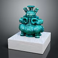 Traditional Green Bronze Ritual Vessel With Animal Heads On White Marble Base