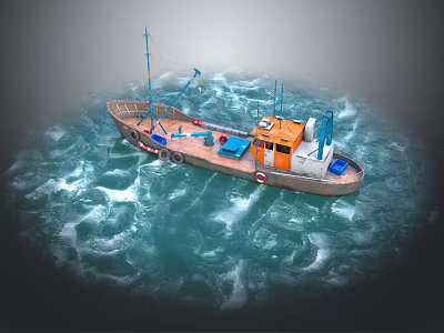 Wooden Boat With Blue Poles And Orange Cabin Sailing In Turbulent Ocean Waves 3d model