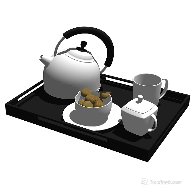 Stylish Kitchenware Set With Black Tray White Teapot Mugs Bowl And Container 3d model 