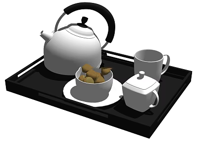 Stylish Kitchenware Set With Black Tray White Teapot Mugs Bowl And Container 3d model