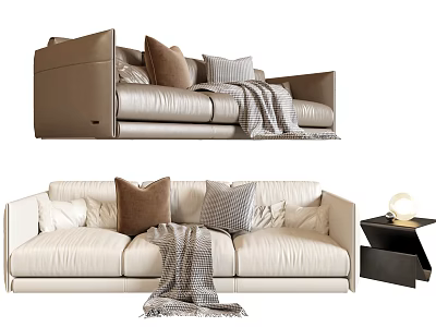 Modern Three Seater Sofa With Decorative Pillows Cozy Blanket And Side Table 3d model