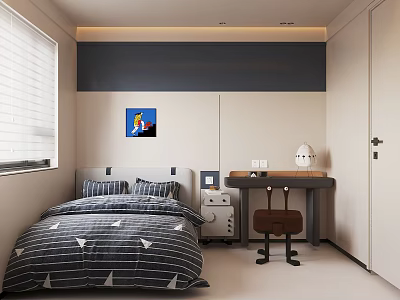 Modern Bedroom Interior With Striped Bedspread Wall Painting Desk Chair And Blinds 3d model