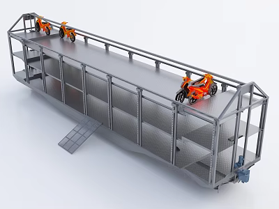 Industrial Equipment Metal Frame Multi Level Storage Platform With Orange Motorcycles And Ladder 3d model