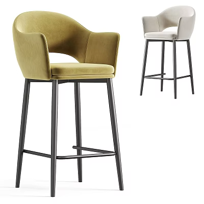 Modern Velvet Bar Stools With Armrests And Black Metal Legs In Yellow And Beige 3d model
