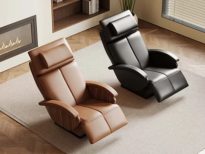 Brown And Black Leather Recliner Chairs In Modern Living Room With Fireplace 3d model