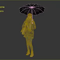 Woman in Blue Coat With Scarf Holding Black Umbrella and Pink Boots on Gray Background