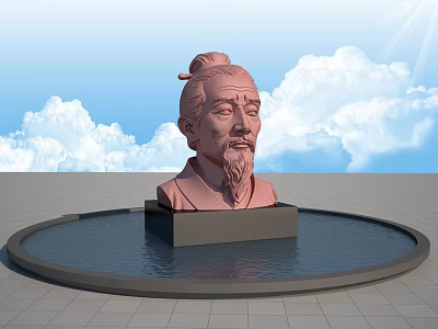 Ancient Figure Landscape Sculpture With Black Base Circular Water Pool Blue Sky And White Clouds 3d model