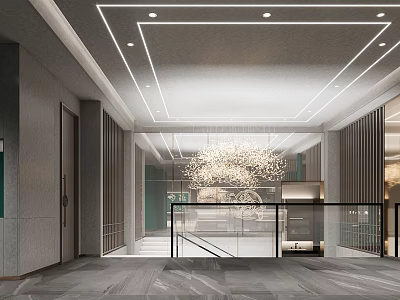 Modern Hotel Lobby Interior Design With Ceiling Lighting Chandelier Glass Railing And Staircase 3d model
