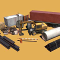 Industrial Scrapyard With Excavator Shipping Containers Metal Pipes Wooden Crates And Rail Tracks