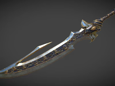 Computer Designed 3D Ancient Sword Model with Intricate Patterns Carved Blade and Metal Hilt 3d model
