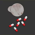 Orange Pill Bottle With White Label And Scattered Red White Capsules