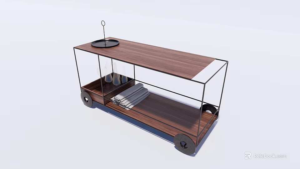 Durable Commercial Serving Cart with Wooden Top Metal Frame and Wheels for Restaurant Use 3d model 