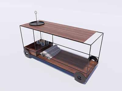 Durable Commercial Serving Cart with Wooden Top Metal Frame and Wheels for Restaurant Use 3d model