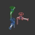 Industrial Hardware Tools Three Metal Valves With Blue Handwheels And Pipes