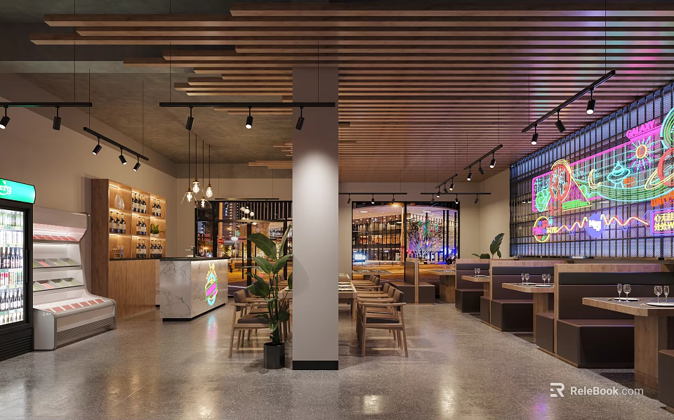 Modern Restaurant Interior With Wooden Ceiling Pendant Lights Neon Decor And Seating Area 3d model 