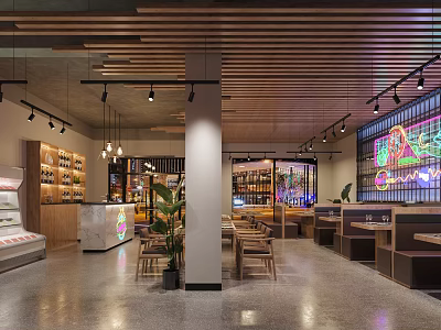 Modern Restaurant Interior With Wooden Ceiling Pendant Lights Neon Decor And Seating Area 3d model