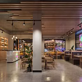 Modern Restaurant Interior With Wooden Ceiling Pendant Lights Neon Decor And Seating Area