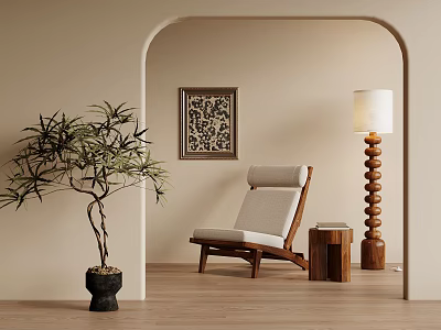 Comfortable Lounge Chair In Beige Archway With Bamboo Plant Framed Art And Wooden Floor Lamp 3d model