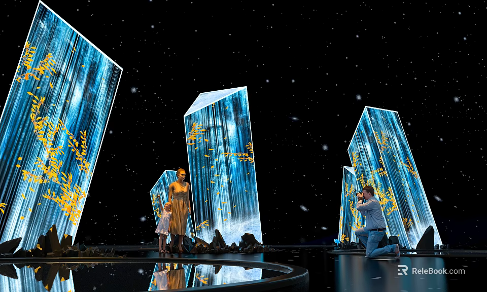 Blue Crystal Like Art Installation With Yellow Patterns Starry Background And People Interacting 3d model 