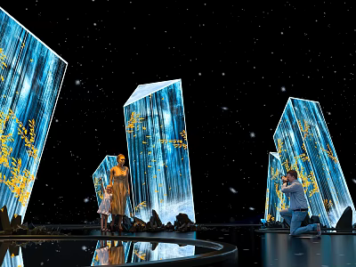 Blue Crystal Like Art Installation With Yellow Patterns Starry Background And People Interacting 3d model