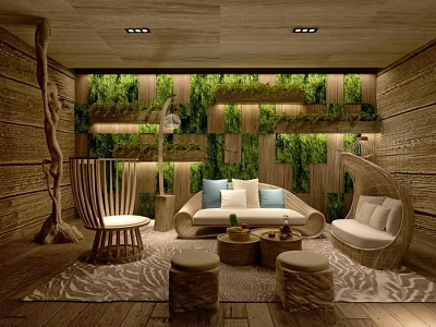 Cozy Sofa And Coffee Table Set With Green Plant Wall Wooden Walls And Zebra Carpet 3d model