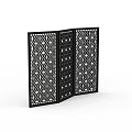 Decorative Black Three Panel Room Divider With Chinese Geometric Cutout Patterns