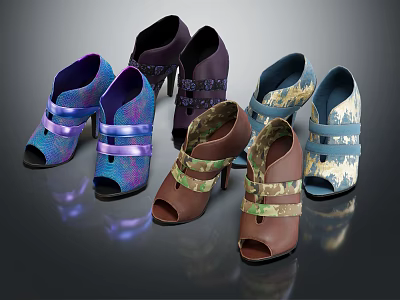Stylish High Heel Shoes With Colorful Straps And Unique Pattern Designs 3d model