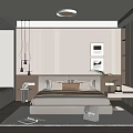 Modern Bedroom Interior With Large Bed Hanging Lamps Wall Art Window Bench Beige Gray Carpet