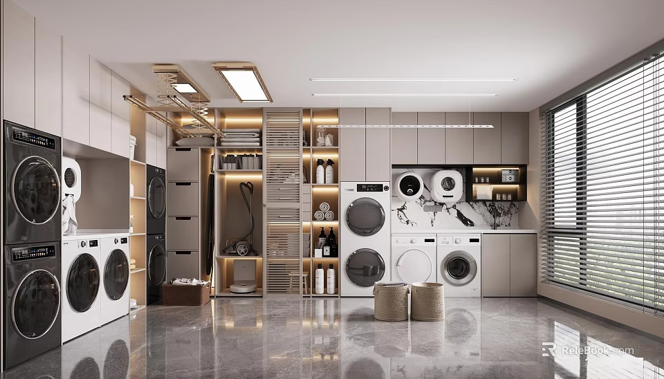 Modern Laundry Room Interior With Multiple Washing Machines Storage Cabinets And Ceiling Lights 3d model