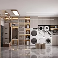 Modern Laundry Room Interior With Multiple Washing Machines Storage Cabinets And Ceiling Lights 3d model