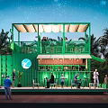 Green Container Café With Two Story Structure Outdoor Terrace And Lush Greenery