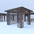 Multiple Modern Brown Metal Pergolas with Grid Design and Support Columns for Outdoor Spaces