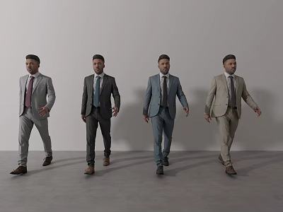 Four Men Walking In Different Colored Formal Suits Against Gray Background 3d model