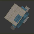 Red Brick Multi Story Building With Blue Roof Wooden Rooftop And Staircase