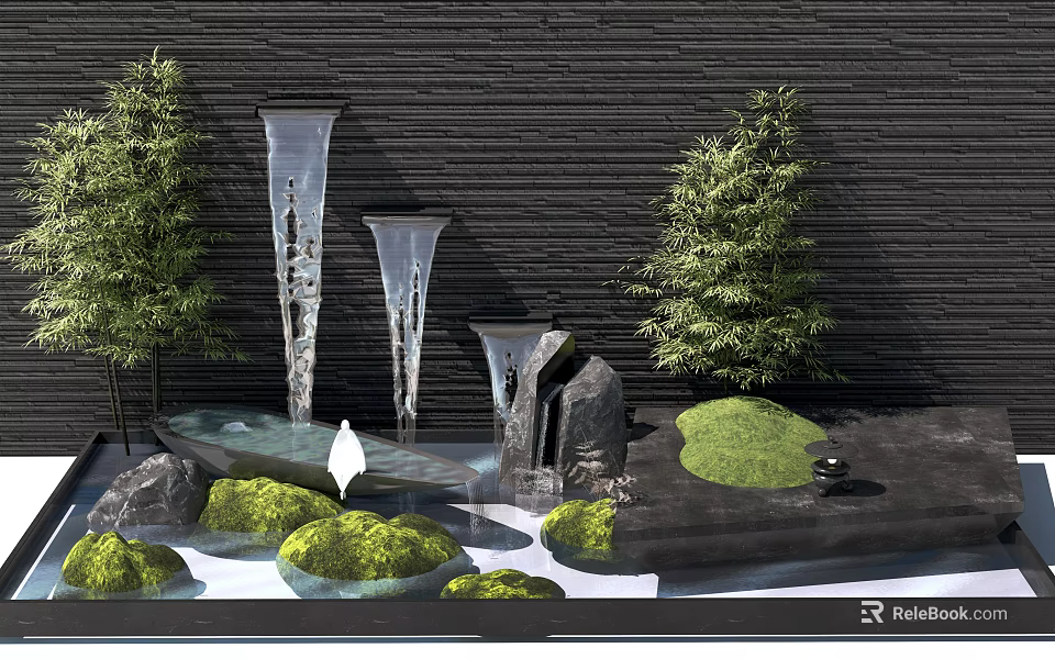 Dark Landscape Feature Wall with Cascading Water Green Plants Stones and Mossy Garden Areas 3d model 