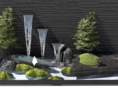 Dark Landscape Feature Wall with Cascading Water Green Plants Stones and Mossy Garden Areas 3d model